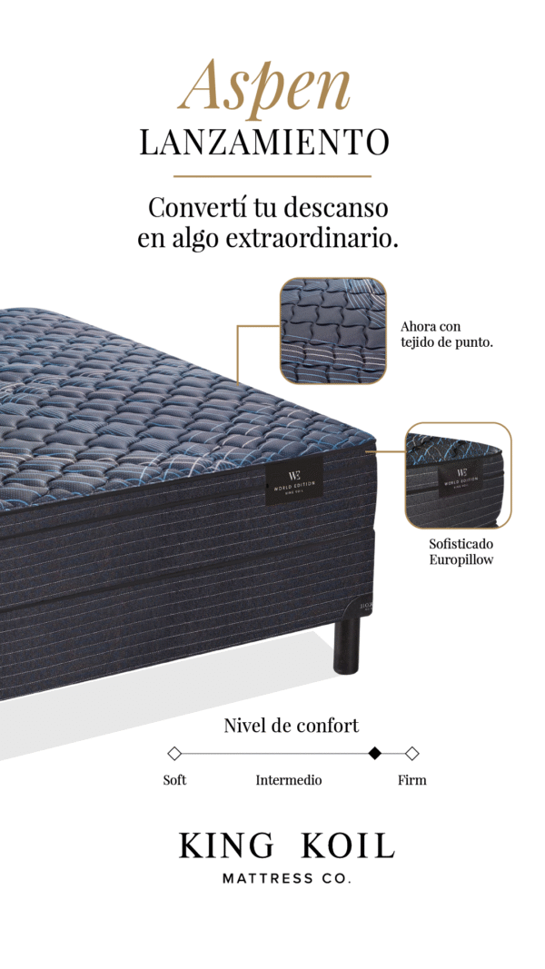 Conjunto Sommier Aspen King Koil 180X200cm Resortes y Pillow - Imagen 4
