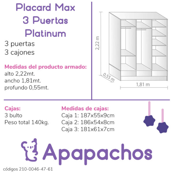 Placard Max 3 Puertas Corredizas Guardaropa Moderno 2m x 1.8m Tabaco Platinum - Imagen 5